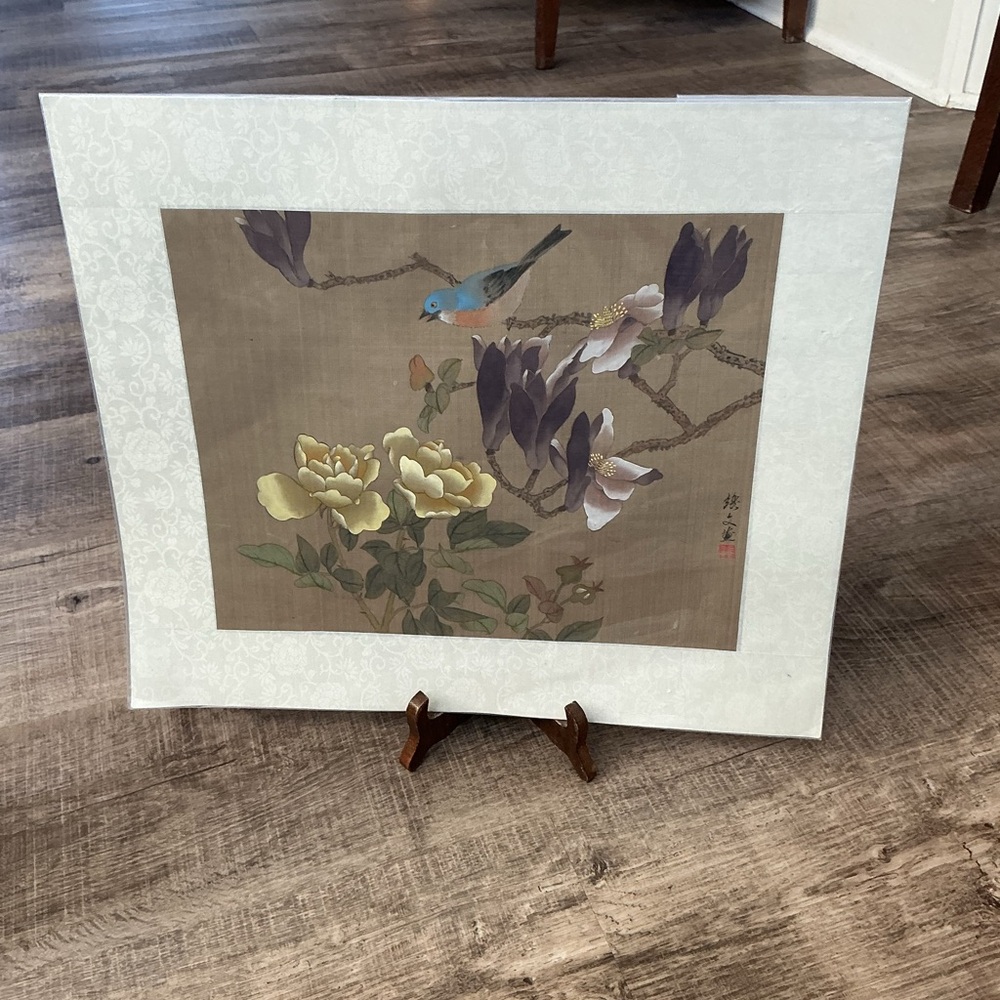 Vintage Chinese Watercolor Painting On Silk Birds Flowers Framed Signed